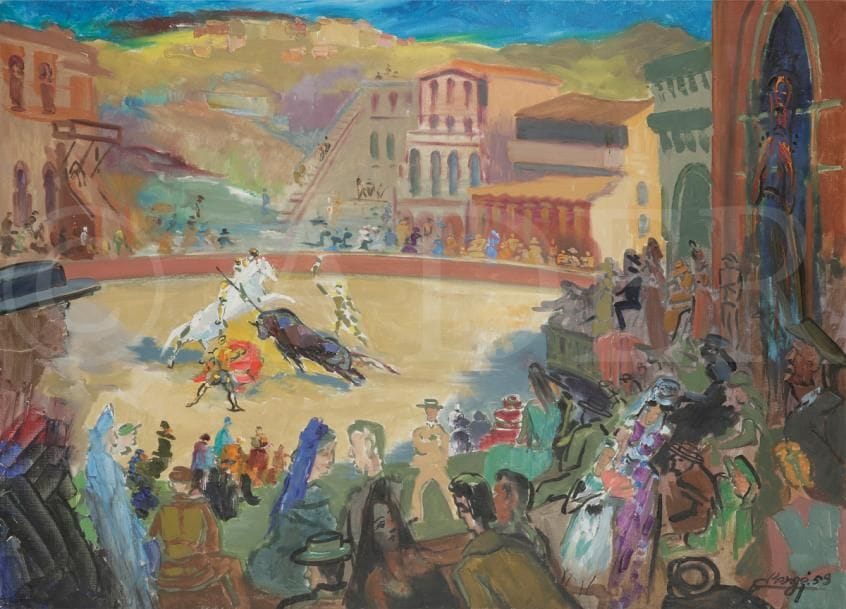 Auguste CLERGÉ (1891-1963)
Corrida, souvenir d’Espagne, 1959
Huile sur toile.
Signée et datée en bas à droite.
89 x 116 cm