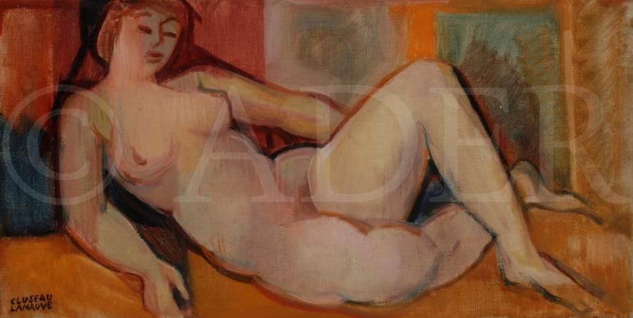 Jean CLUSEAU-LANAUVE (1914-1997)
Jeune blonde étendue, 1957
Huile sur toile.
Signée en bas à gauche.
Signée, datée et titrée au dos.
30 x 59 cm