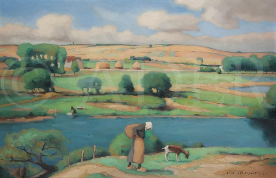Émile CONTRAULT (?-1945)
Bords du Loir à Fréteval, 1935
Huile sur toile.
Signée et datée en bas à droite.
65 x 100 cm