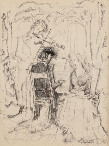 Claude-Jean DARMON (né en 1930)
Musiciens, 1955
Dessin à l’encre.
Signée et datée en bas à droite.
31.5 x 23.5 cm