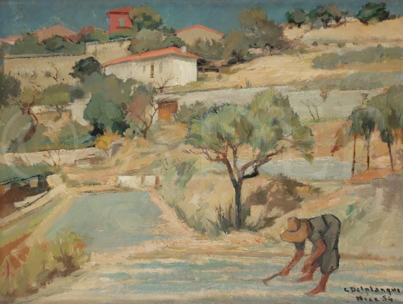 Georges DELPLANQUE (1903-1999)
Homme dans son jardin, 1954
Huile sur panneau.
Signée et datée en bas à droite.
46 x 61 cm