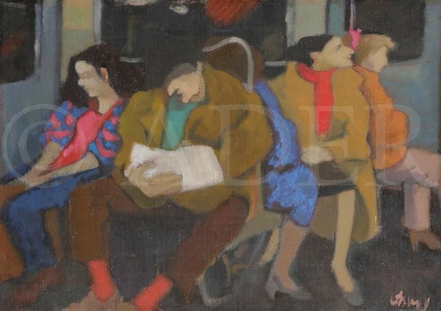 Odette DERAY (né en 1918)
Dans le métro
Huile sur toile.
Signée en bas à droite.
Signée au dos.
27 x 35 cm