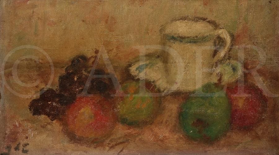Georges d’ESPAGNAT (1870-1950)
Nature morte aux fruits et tasse
Huile sur toile.
Signée en bas à gauche.
19 x 33 cm