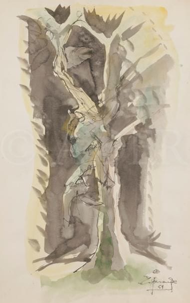 Henri ESPINOUZE (1915-1982)
Arbre femme, 1959
Aquarelle.
Signée et datée en bas à droite.
(Déchirures).
50 x 32.5 cm