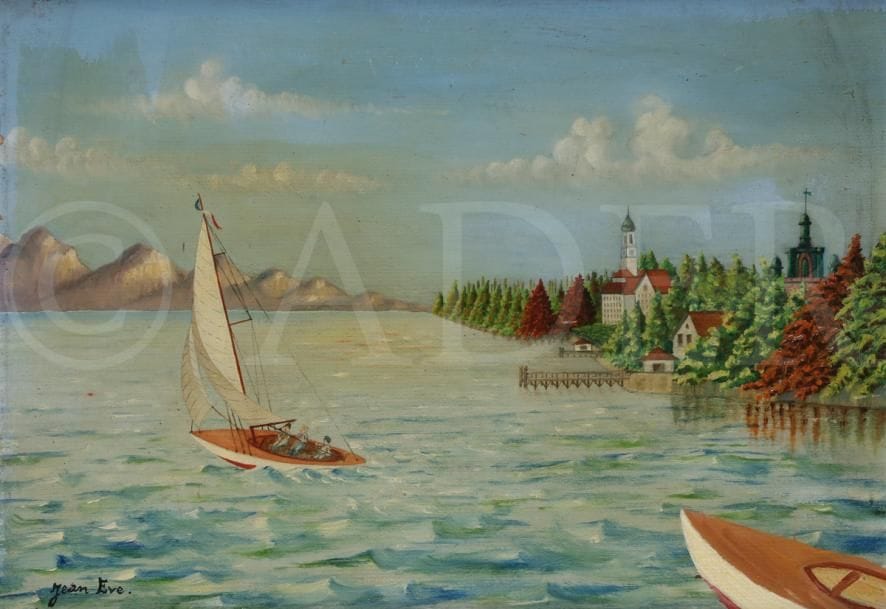 Jean EVE (1900-1968)
Suisse, bateau sur le lac
Huile sur toile.
Signée en bas à gauche.
30 x 44 cm