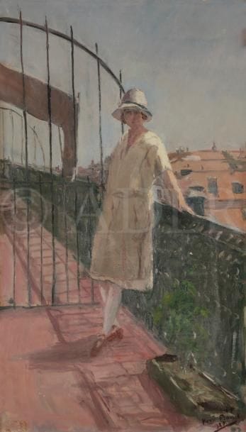 Henri FRANCK (1877-1957)
Paule au balcon, Nice, 1927
Huile sur carton.
Signée et datée en bas à droite.
80 x 45 cm

L’œuvre est référencée dans les Archives Henri Franck sous le numéro 413.