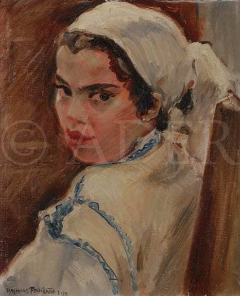 Raymond FEUILLATE (1901-1971)
Jeune marocaine de Fès
Huile sur toile contrecollée sur panneau.
Signée et datée en bas à droite.
Signée, datée et titrée au dos.
46 x 38 cm