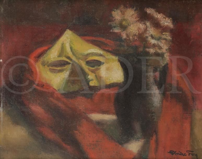 André FOY (1886/92-1953)
Le Masque jaune
Huile sur carton toilé.
Signée en bas à droite.
Signée et titrée au dos sur une étiquette.
33 x 41 cm