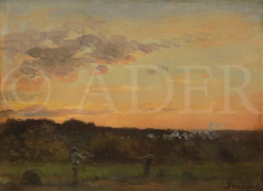 François-Louis FRANCAIS (1814-1897)
Paysans au crépuscule
Huile sur toile.
Signée en bas à droite.
24 x 33 cm