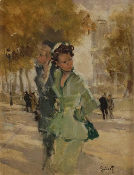 Pierre GRISOT (1911-1995)
Paris, deux élégantes au jardin
Huile sur isorel.
Signée en bas à droite.
35 x 27 cm