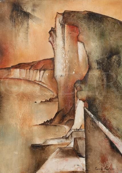 Pierre HENRY (né en 1924)
Falaises en bord de mer, 1959
Huile sur toile.
Signée et datée en bas à droite.
(Manques).
46 x 33 cm