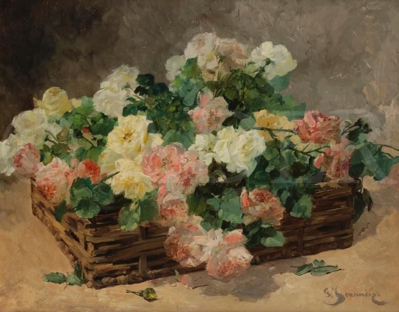 Georges JEANNIN (1841-1925)
Panier de roses
Huile sur toile.
Signée en bas à droite.
65 x 81 cm