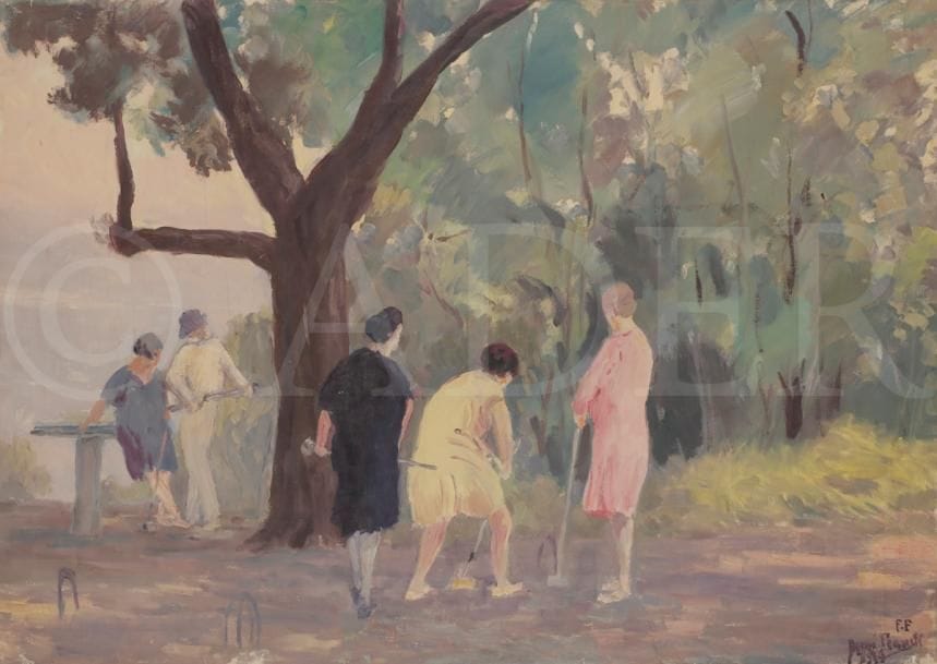 Henri FRANCK (1877-1957)
Nice, la Partie de croquet, 1928
Huile sur toile.
Signée et datée en bas à droite.
Signée et titrée au dos.
64 x 90 cm

L’œuvre est référencée dans les Archives Henri Franck sous le numéro 509.