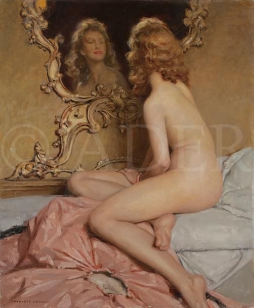 Auguste LEROUX (1871-1954)
Femme au miroir rocaille
Huile sur toile.
Signée en bas à gauche.
65 x 54 cm