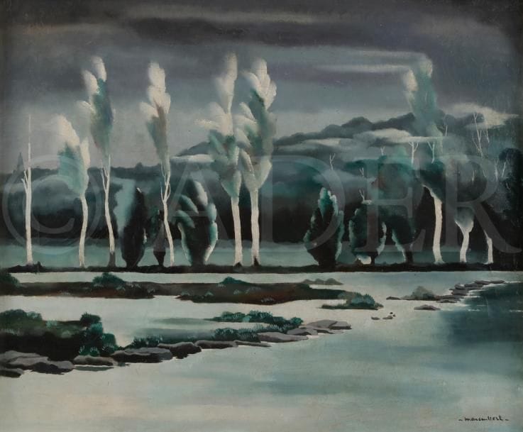 Jean MAREMBERT (1900-1968)
Paysage surréaliste, vers 1935
Huile sur toile.
Signée en bas à droite.
(Restaurations).
54 x 65 cm
Provenance : 
Ancienne collection Henri-Pierre Roché (mention et marque au dos sur le châssis)

Cette œuvre sera incluse dans le Catalogue Raisonné de Jean Marembert en cours de préparation par Monsieur Axel de Heeckeren.