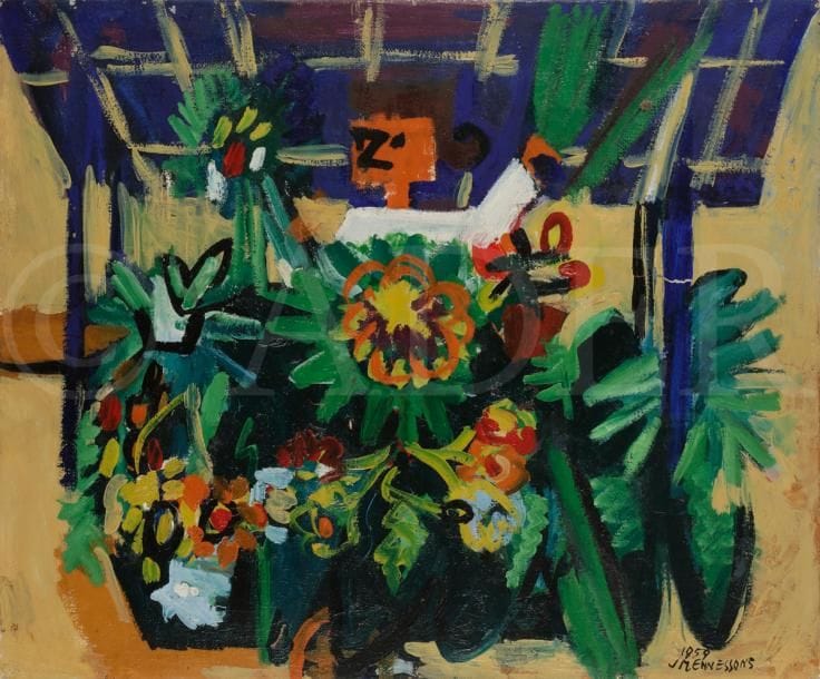 Jacques MENNESSONS ( 1923-1983)
Femme aux fleurs, 1959
Huile sur toile.
Signée et datée en bas à droite.
54 x 65 cm