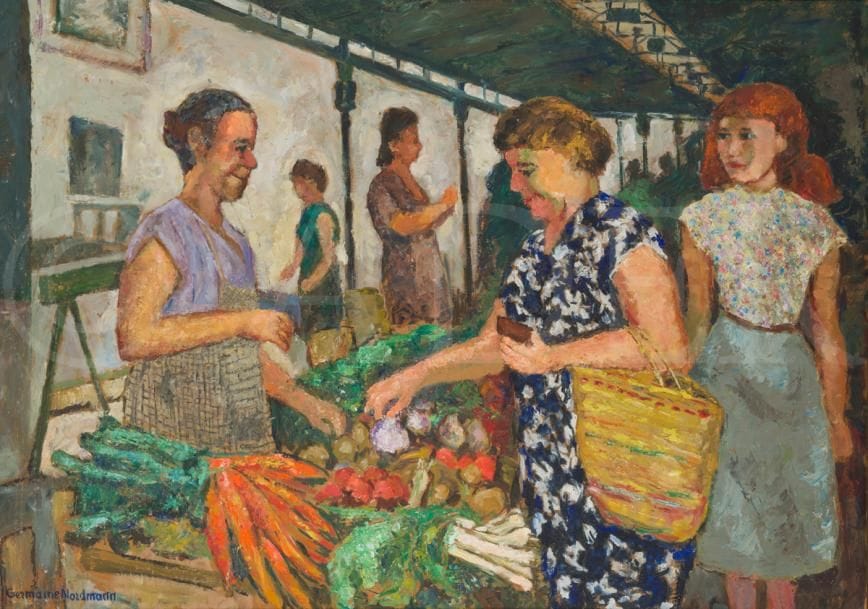 Germaine NORDMANN (1902-1997)
Au marché
Huile sur isorel.
Signée en bas à gauche.
65 x 91 cm