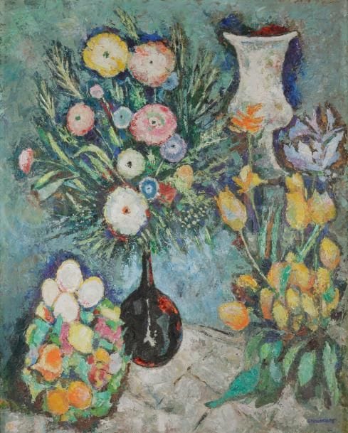 Germaine NORDMANN (1902-1997)
Fleurs et œufs
Huile sur toile.
Signée en bas à droite.
92 x 73 cm
Exposition : 
Salon des Indépendants, Paris, 1989.