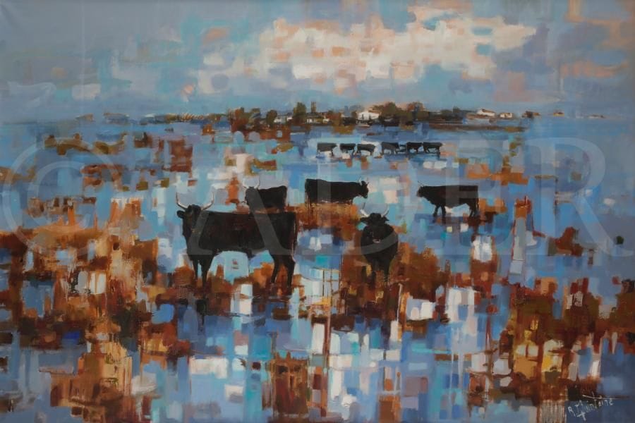 Roger QUINTAINE (1921-2005)
Taureaux en Camargue
Huile sur toile.
Signée en bas à droite.
89 x 130 cm