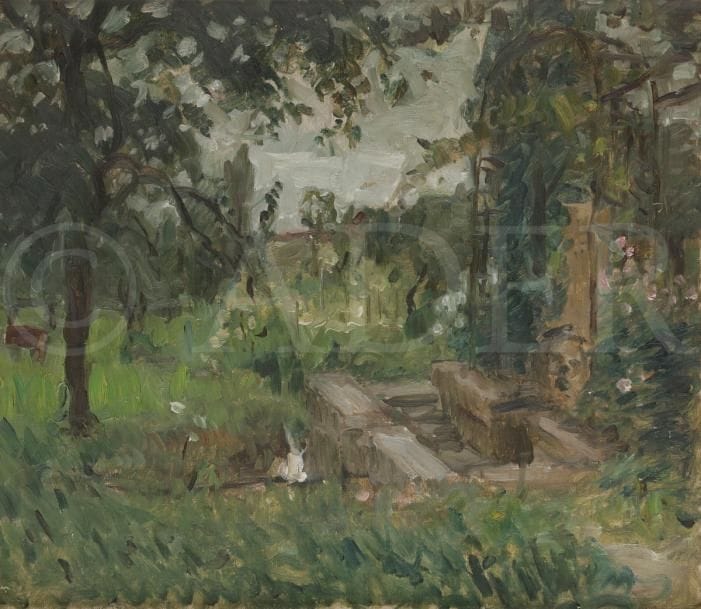 Ernest QUOST (1844-1931)
Le Jardin
Huile sur toile.
Porte le timbre de la vente de l’atelier en bas à droite.
38 x 46 cm
