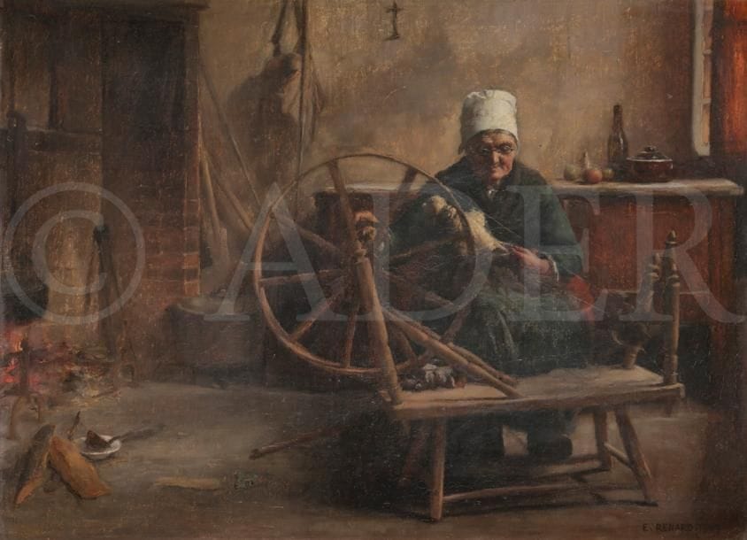 Émile RENARD (1850-1930)
Femme filant la laine
Huile sur toile.
Signée en bas à droite.
33 x 46 cm