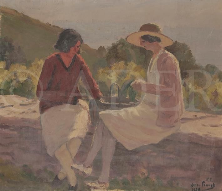 Henri FRANCK (1877-1957)
Étude de personnages sur la terrasse, Corenc, 1930
Huile sur toile.
Signée et datée en bas à droite.
Signée, datée et titrée au dos.
53 x 63 cm

L’œuvre est référencée dans les Archives Henri Franck sous le numéro 612.