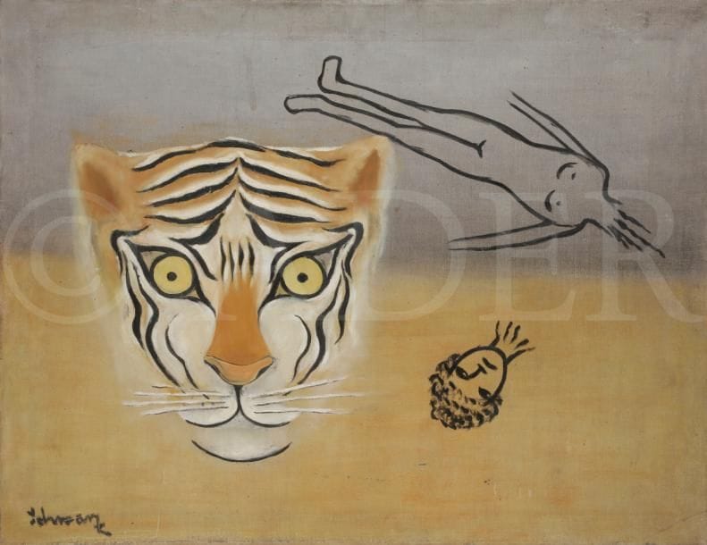 SCHWARZ (XXe siècle)
Tête de tigre
Huile sur toile.
Signée en bas à gauche.
(Salissures).
71 x 90 cm