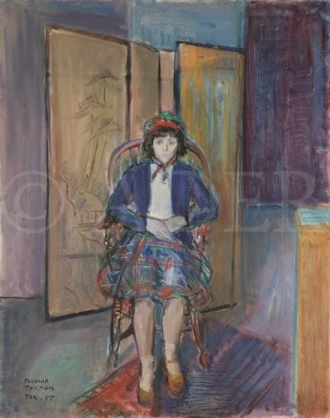 Moussia TOULMAN (1903-?)
Jeune fille assise dans un intérieur au paravent, 1955
Huile sur toile.
Signée et datée en bas à gauche.
92 x 73 cm