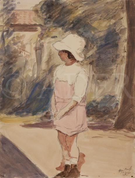 Henri FRANCK (1877-1957)
Pierrette au soleil, Oullins, 1918
Aquarelle.
Signée et datée en bas à droite.
Signée, datée et titrée au dos.
35 x 26 cm