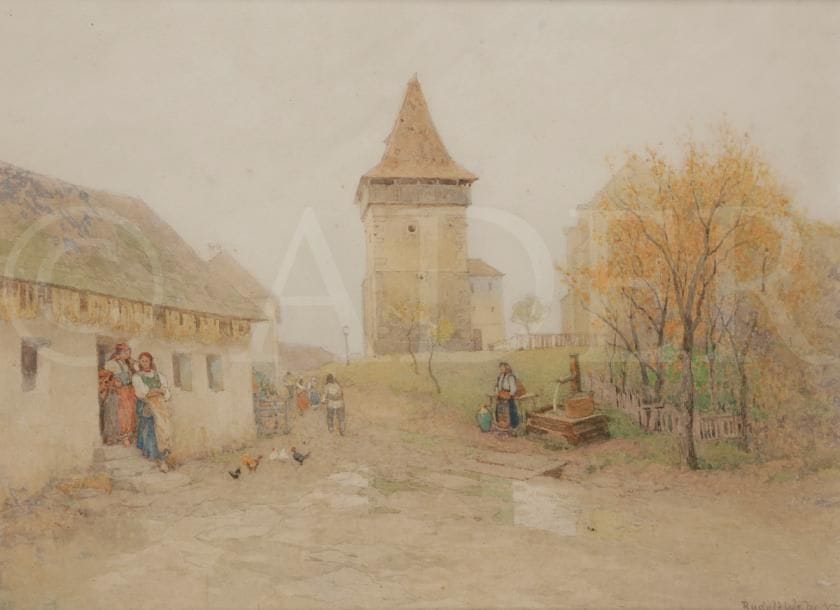 Rudolf WEBER [autrichien] (1872-1949)
Village de campagne
Dessin au crayon et aquarelle.
Signé en bas à droite.
28 x 38,5 cm