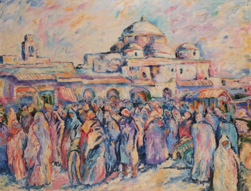Pat WILSON (1868-1928)
La Place Bab Souika à Tunis
Huile sur toile.
Signée en bas à gauche. 
(Petit accident).
89 x 116 cm