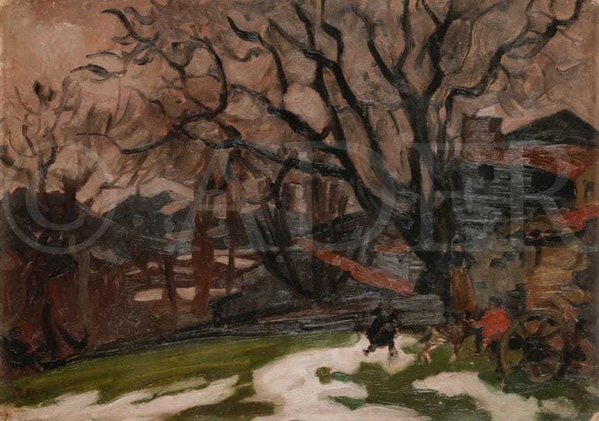 Jules-Émile ZINGG (1882-1942)
Village animé en hiver
Huile sur carton.
Signée en bas à gauche.
38 x 53 cm