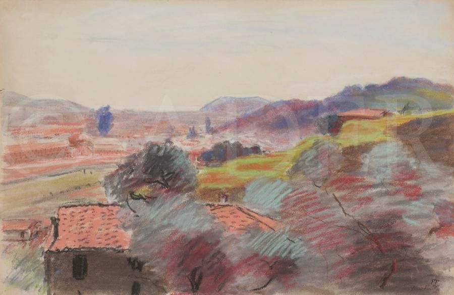 Henri FRANCK (1877-1957)
Riquier vu de Cimiez, Nice, 1921
Pastel.
Signé et daté en bas à droite.
Signé, daté et titré au dos.
32 x 49 cm