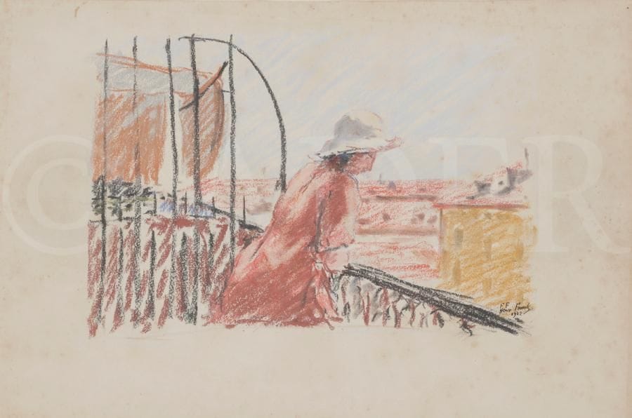Henri FRANCK (1877-1957)
Au balcon, rue Lepante, Nice, 1922
Pastel.
Signé et daté en bas à droite.
Signé, daté et titré au dos.
32 x 49 cm