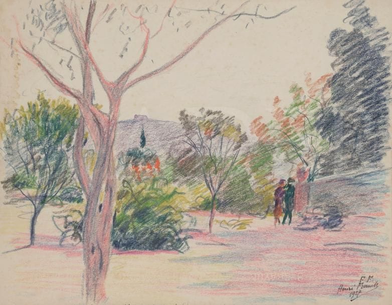 Henri FRANCK (1877-1957)
Matin au Monastère n°2, Cimiez, 1927
Crayons de couleur.
Signé et daté en bas à droite.
Signé, daté et titré au dos.
24.5 x 32 cm