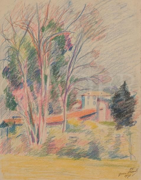 Henri FRANCK (1877-1957)
Grands arbres au Ray, Nice, 1927
Crayons de couleur.
Signé et daté en bas à droite.
32.5 x 25 cm