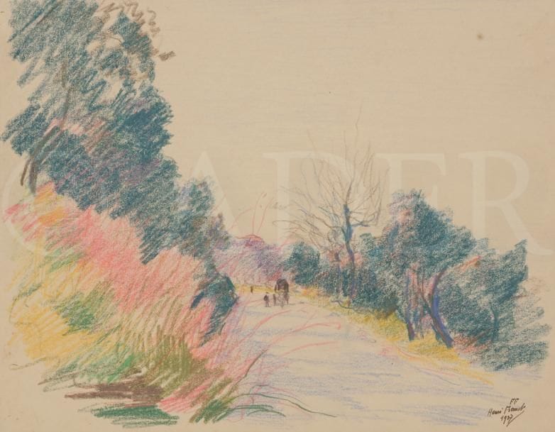 Henri FRANCK (1877-1957)
La Route à Rimiez, le matin, Nice, 1927
Crayons de couleur.
Signé et daté en bas à droite.
25 x 32.5 cm