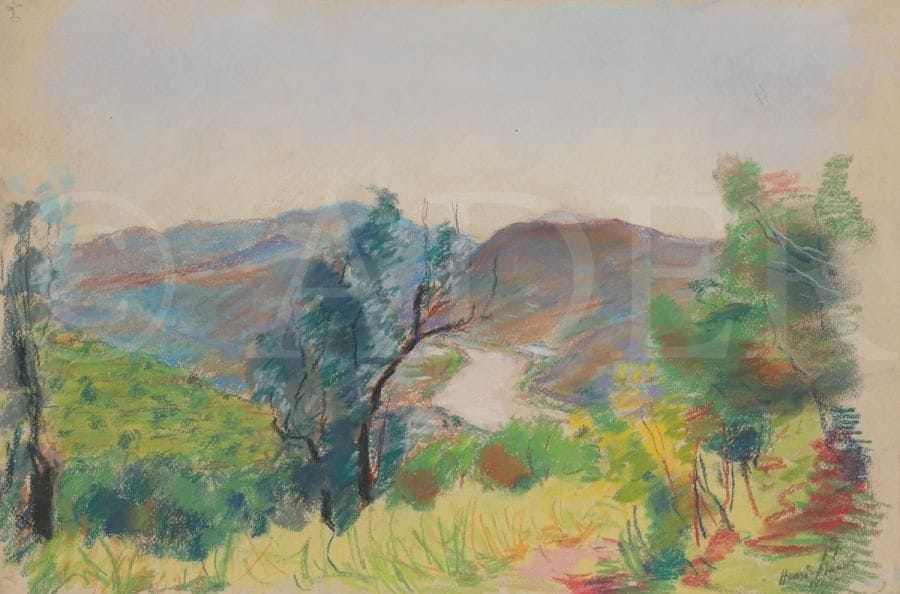 Henri FRANCK (1877-1957)
Le Paillon et les montagnes vus du Cap de Croix, Nice, 1927
Pastel.
Signé et daté en bas à droite.
Signé, daté et titré au dos.
30 x 45.5 cm