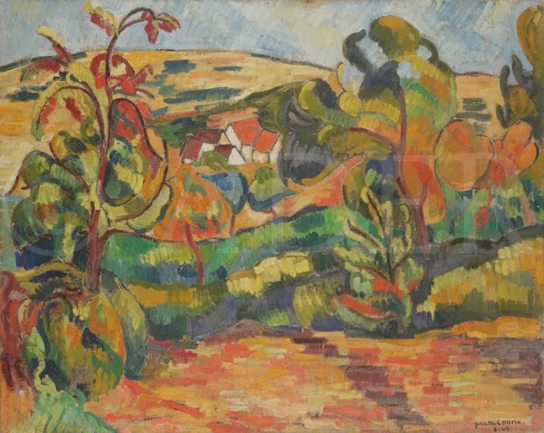 Juliette CHOPIN (né en 1931)
Paysage à Creuzier, 1949
Huile sur toile.
Signée et datée en bas à droite.
73 x 92 cm