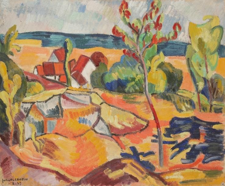 Juliette CHOPIN (né en 1931)
Les Toits rouges, Les Bonnots, 1949
Huile sur toile.
Signée et datée en bas à gauche.
50 x 61 cm