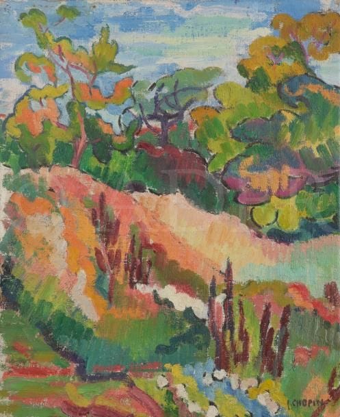 Juliette CHOPIN (né en 1931)
Coin des Audries, vers 1949
Huile sur toile.
Signée en bas à droite.
46 x 38 cm