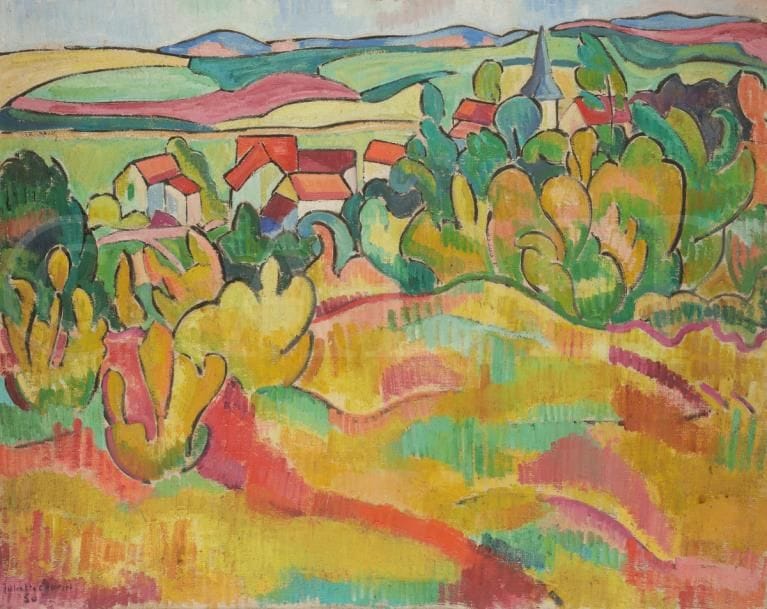 Juliette CHOPIN (né en 1931)
Paysage à Creuzier, 1950
Huile sur toile.
Signée et datée en bas à gauche.
72 x 92 cm
Exposition : 
Salon des Indépendants, Paris, 1951.