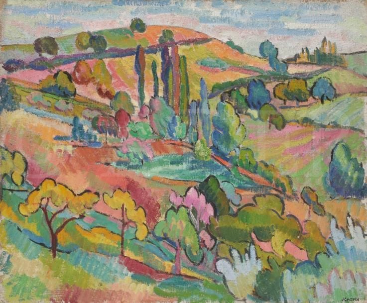 Juliette CHOPIN (né en 1931)
Les Peupliers, vers 1950
Huile sur toile.
Signée en bas à droite.
60 x 73 cm