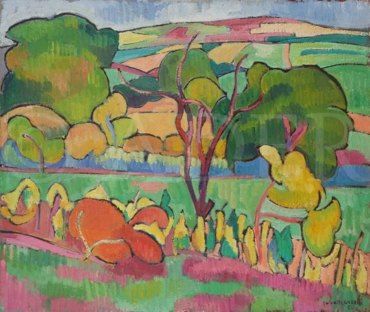 Juliette CHOPIN (né en 1931)
Paysage de l’Allier, 1950
Huile sur toile.
Signée et datée en bas à droite.
54 x 65 cm