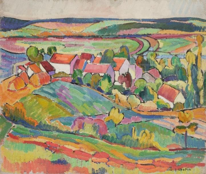 Juliette CHOPIN (né en 1931)
Vue sur les toits, Les « Creuziers », 1950
Huile sur toile.
Signée en bas à droite.
46 x 55 cm