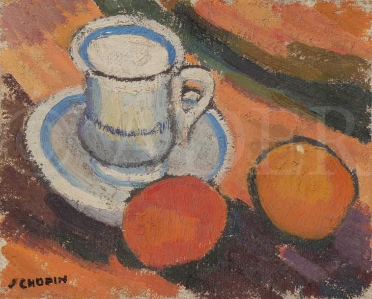 Juliette CHOPIN (né en 1931)
Tasse et fruits, vers 1950
Huile sur toile.
Signée en bas à gauche.
(Petits manques).
22 x 27 cm