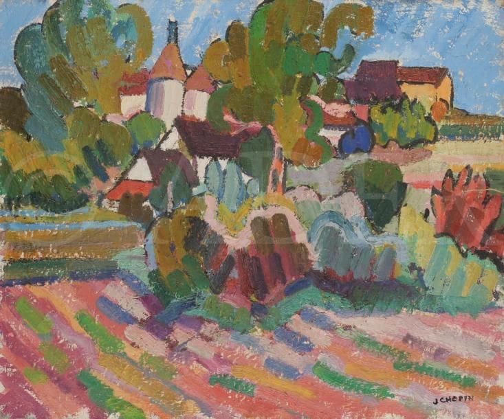Juliette CHOPIN (né en 1931)
Paysage au clocher, Brançat, 1951
Huile sur toile.
Signée en bas à droite.
50 x 61 cm
