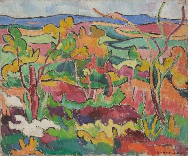 Juliette CHOPIN (né en 1931)
Collines bourbonnaises, 1951
Huile sur toile.
Signée et datée en bas à droite.
54 x 65 cm