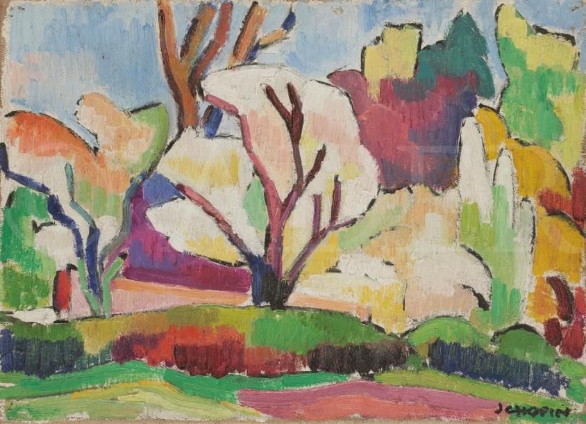 Juliette CHOPIN (né en 1931)
Paysage à l’arbre, Sceaux, 1951
Huile sur toile.
Signée en bas à droite.
24 x 33 cm