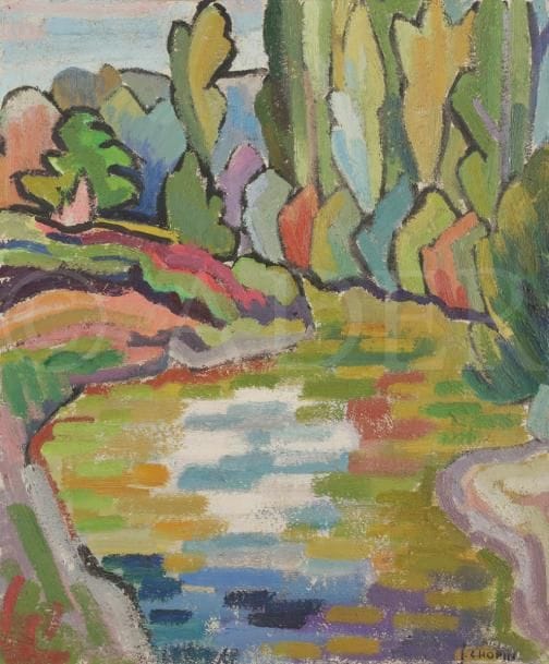 Juliette CHOPIN (né en 1931)
Les Bords de la Bouble, 1952
Huile sur toile.
Signée en bas à droite.
61 x 50 cm
